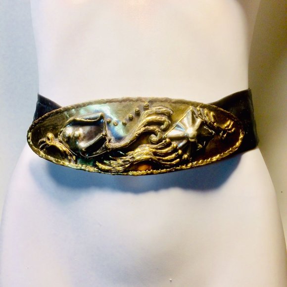 Vtg Boho Brutalist Mexico Signed Brass Cinch Belt main image 9